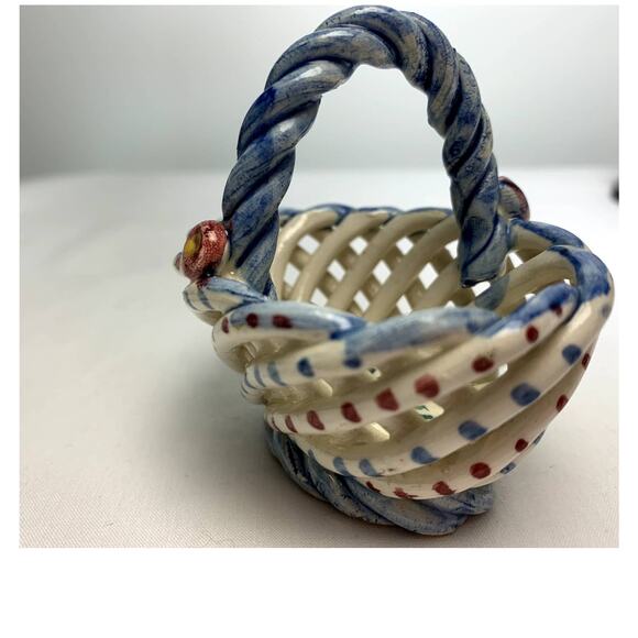 Mini Delicate Hand Painted Porcelain Pottery Rose Woven Basket from Spain - Picture 9 of 12